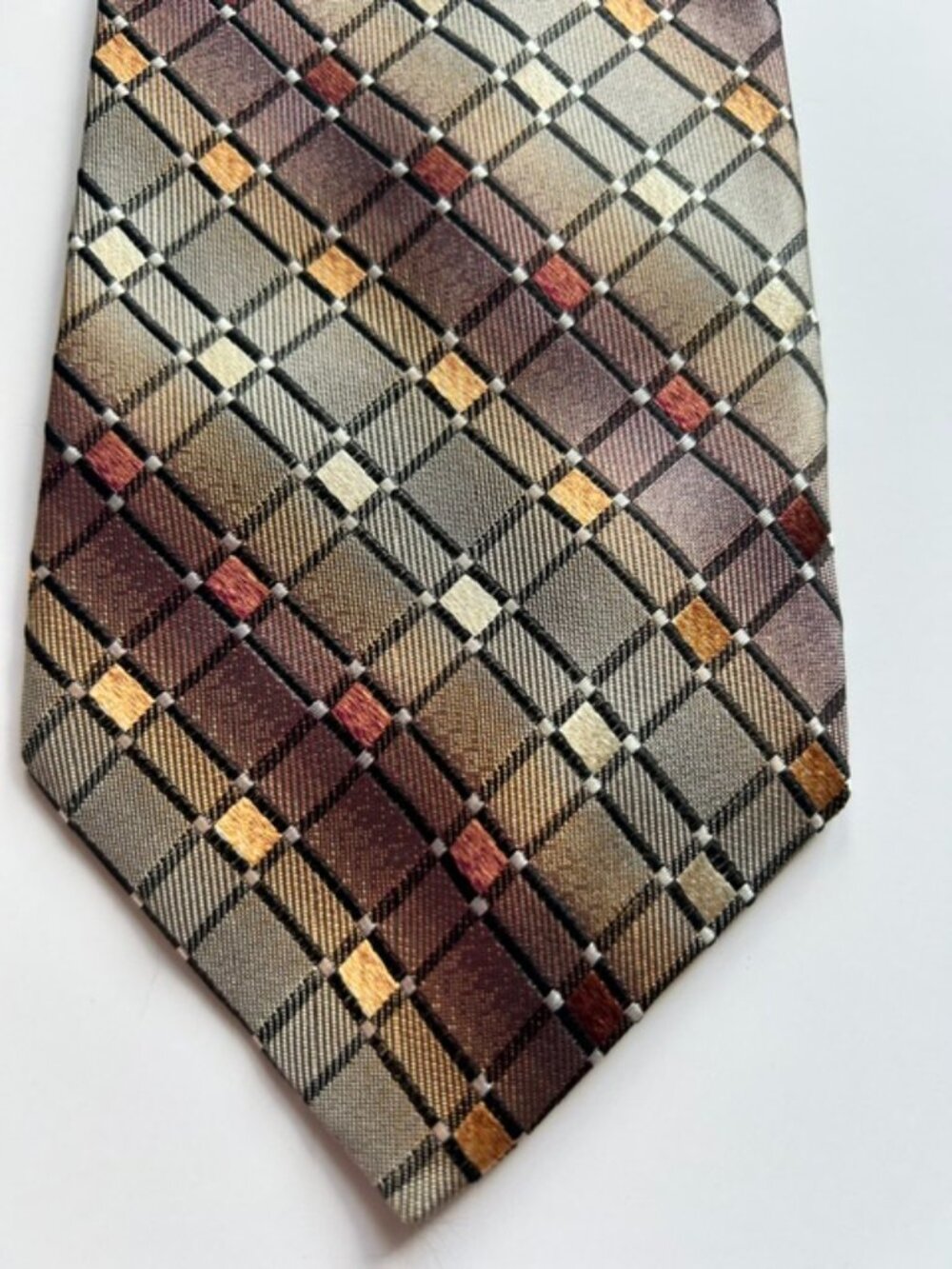 Alfred Sung Silk Tie — Brown Gold Diamond Check, Made in Canada